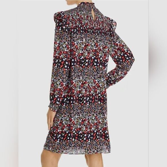 Nanette Lepore Blue Red Yellow Floral Ruffle Smocked Mock-Neck Shift Dress | 10 - Picture 6 of 12